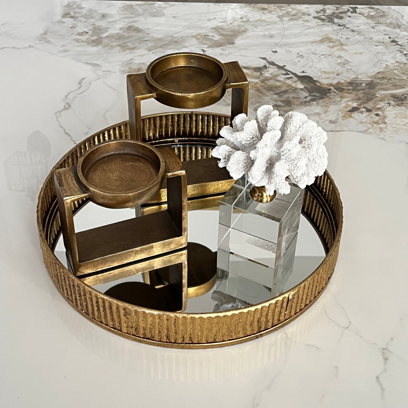Ciara round Gold rimmed mirror tray - Luscious Homewares