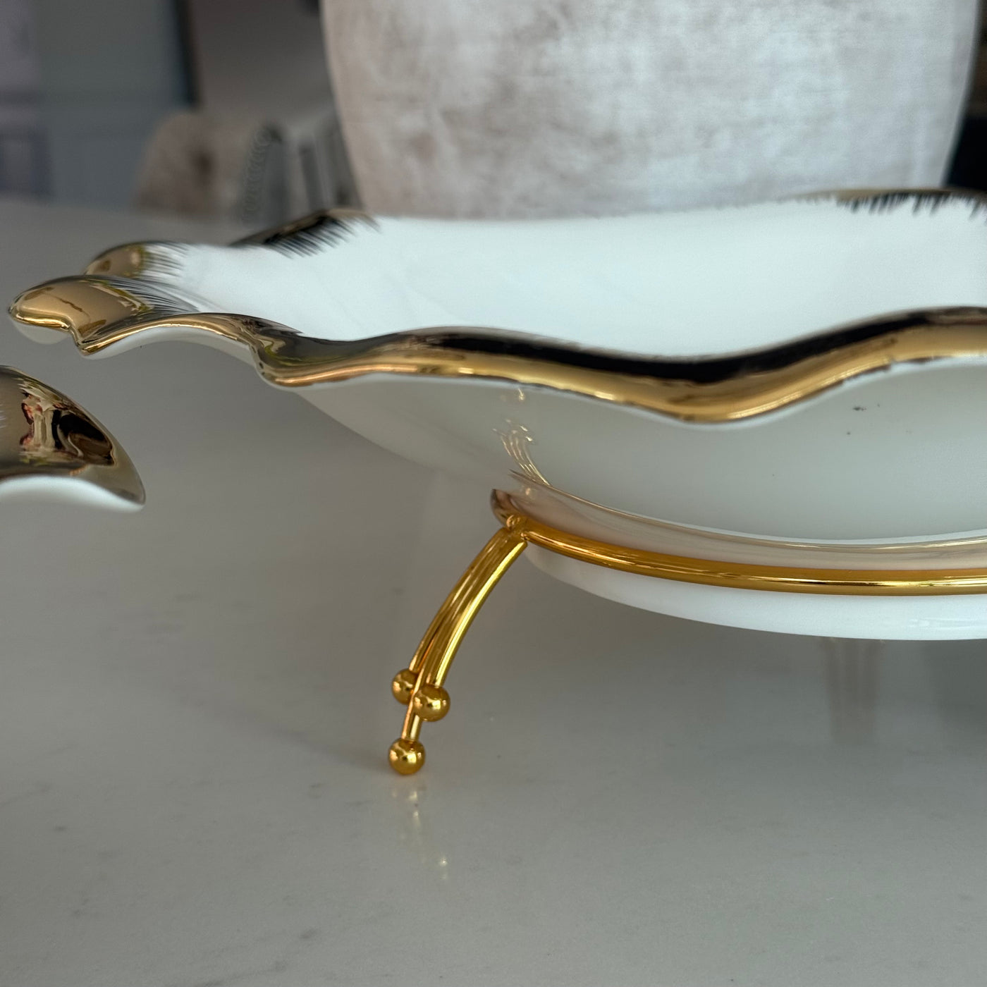 Leanna white and gold round serving bowl platter with stand - Luscious Homewares