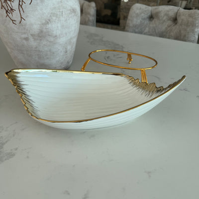 Leanna white and gold leaf serving bowl platter with stand - Luscious Homewares