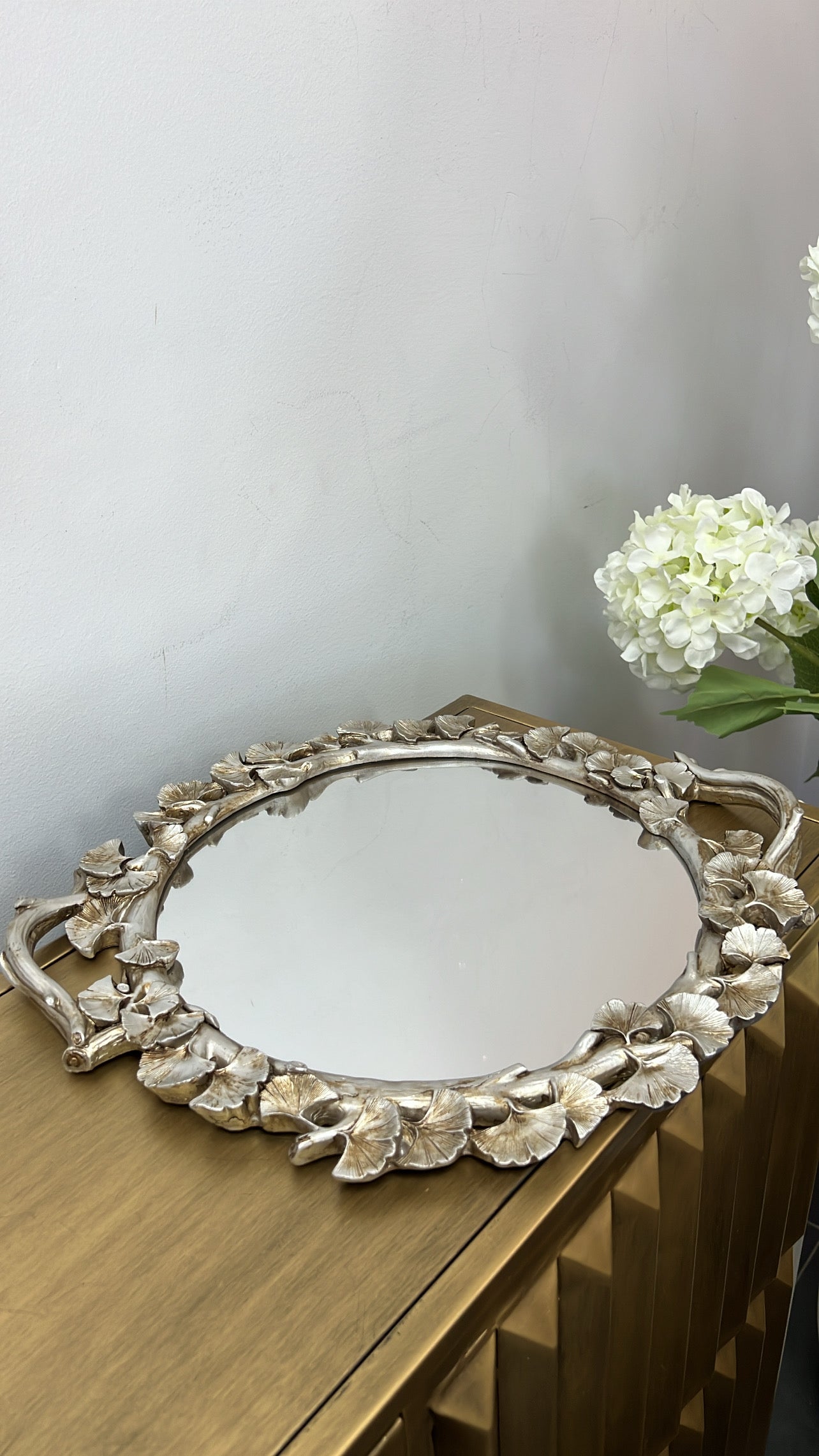 Ginkgo round pewter mirrored tray