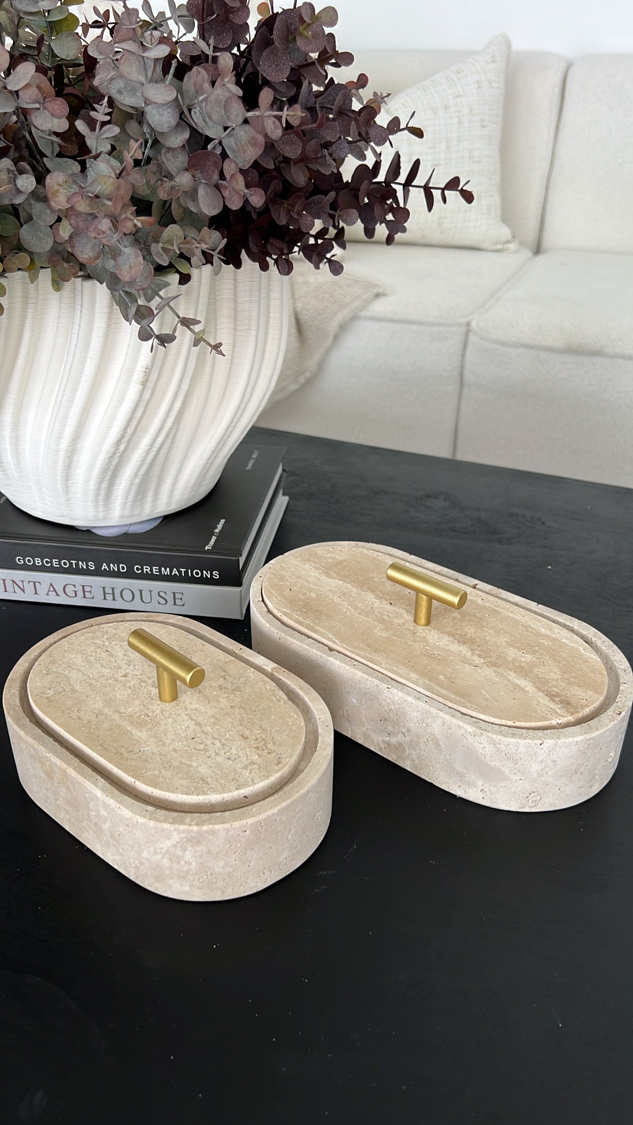 Travertine stone oval box