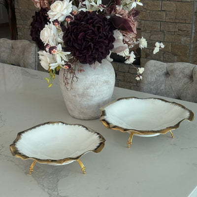 Leanna white and gold round serving bowl platter with stand - Luscious Homewares