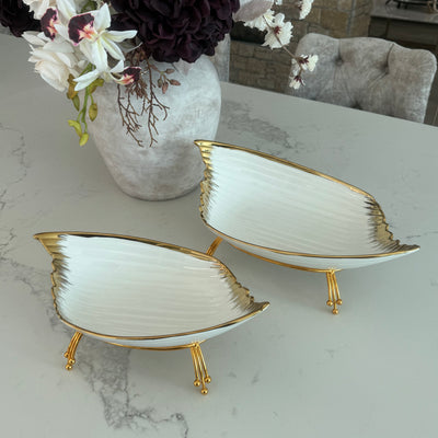 Leanna white and gold leaf serving bowl platter with stand - Luscious Homewares
