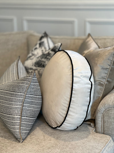 Royal luxe pearl white / black piping round cushion 50cm diameter - Luscious Homewares