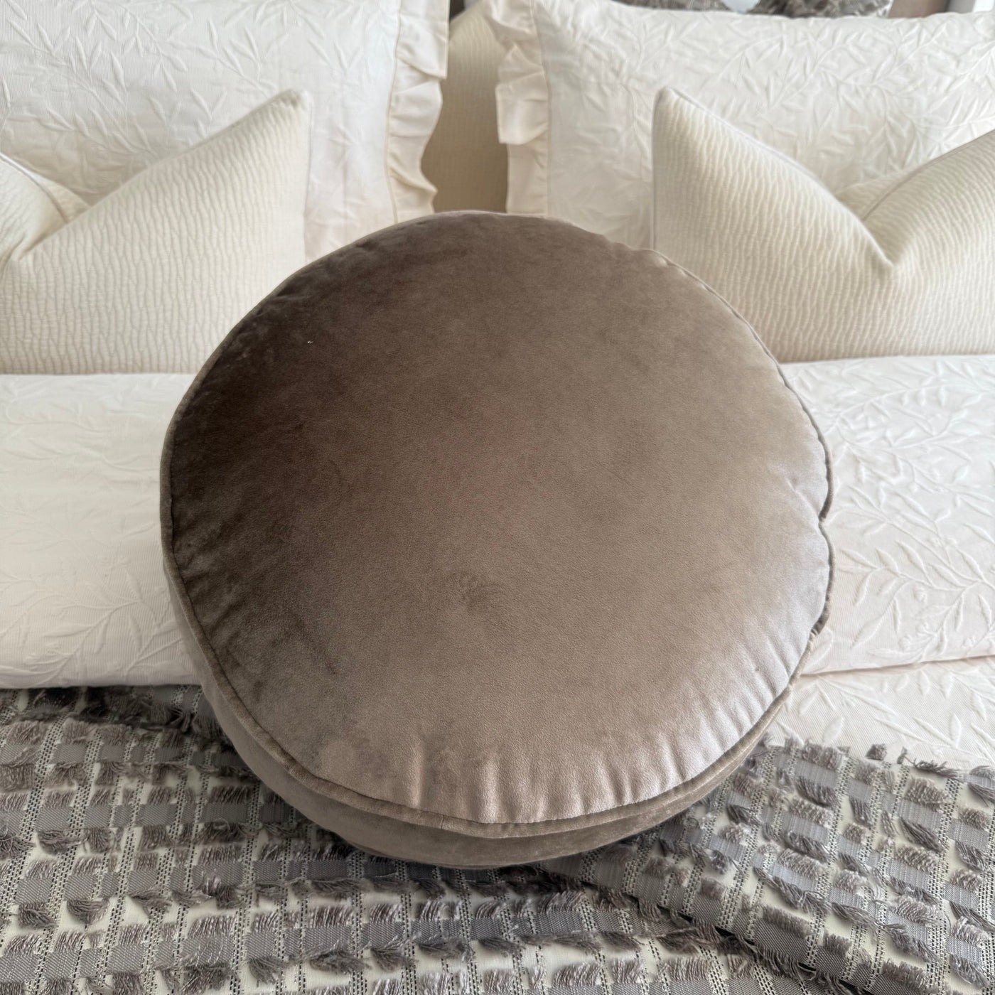 Dark champagne round cushion 50cm diameter - Luscious Homewares