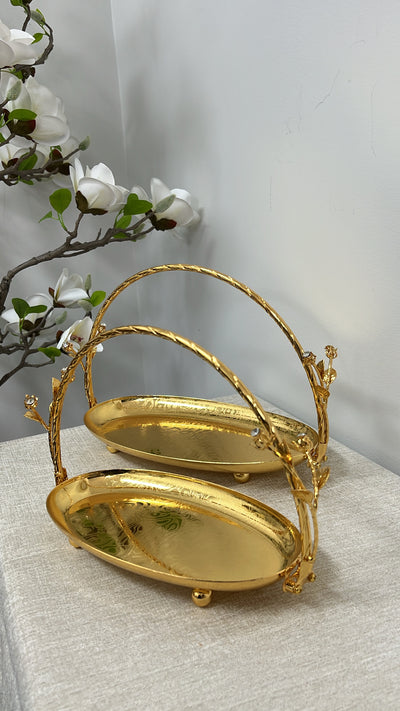 Intricate gold oval serving decorative handle tray