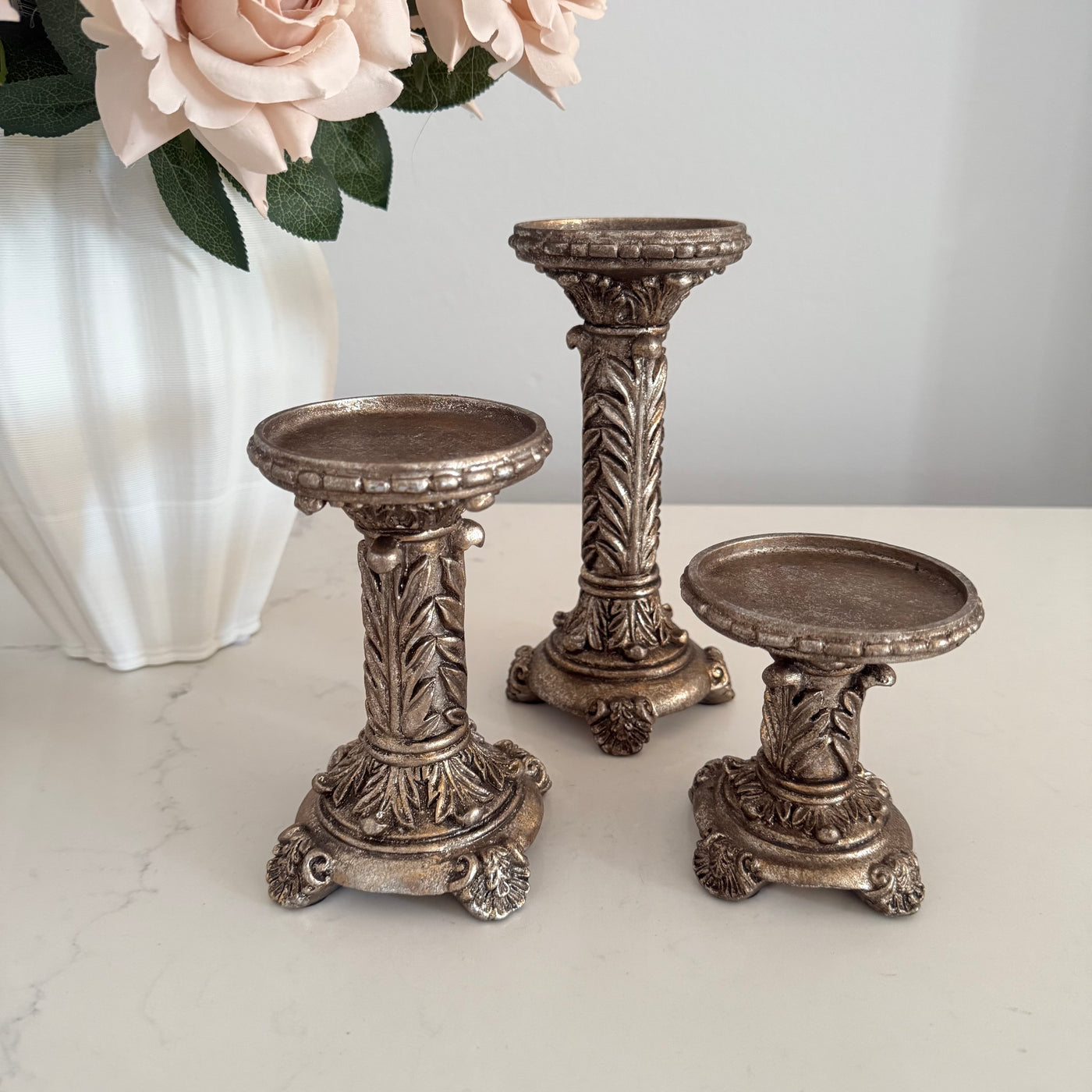 Victorian rustic gold 3 piece Candle holder set - Luscious Homewares