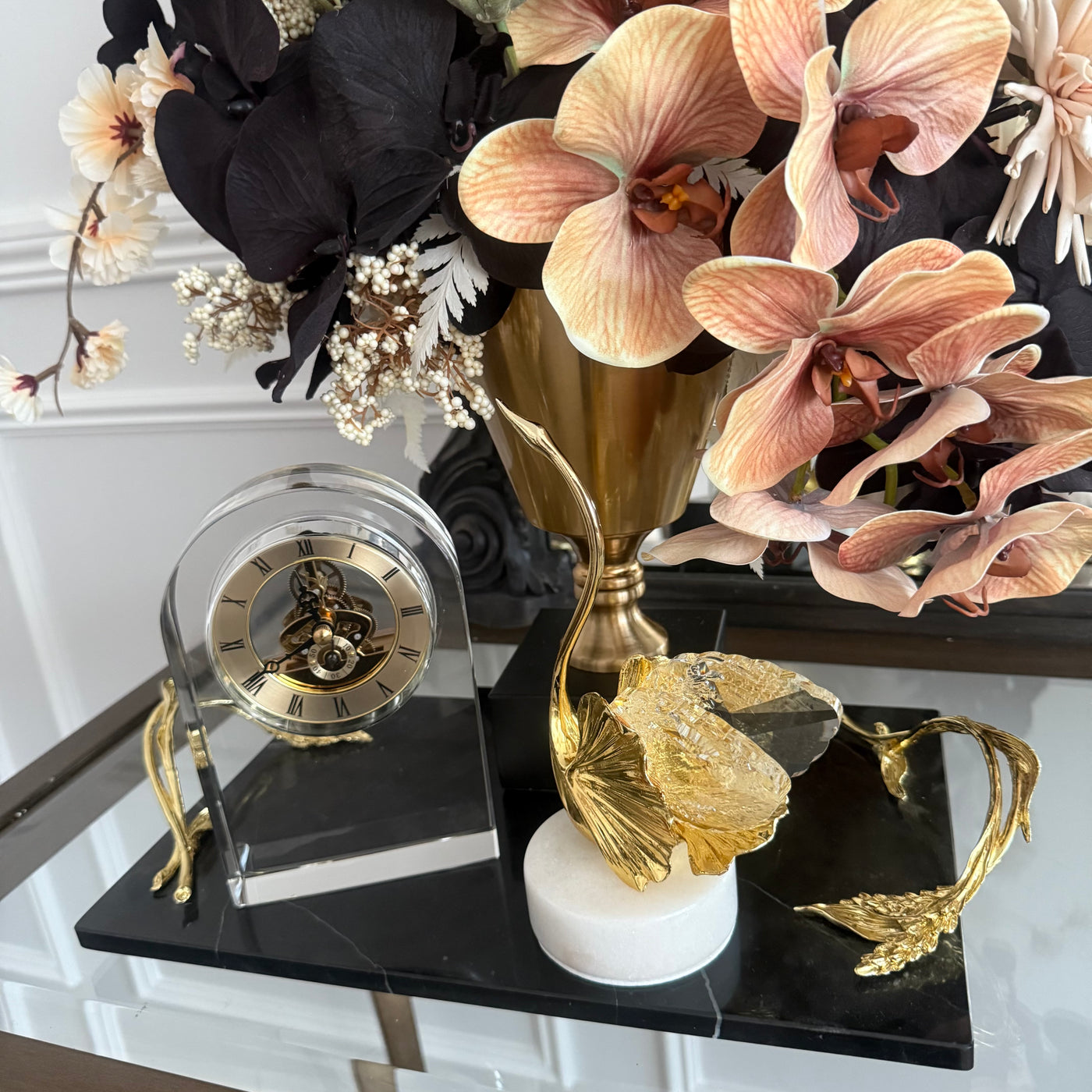 Crystal & Gold swan figurine marble stand - Luscious Homewares