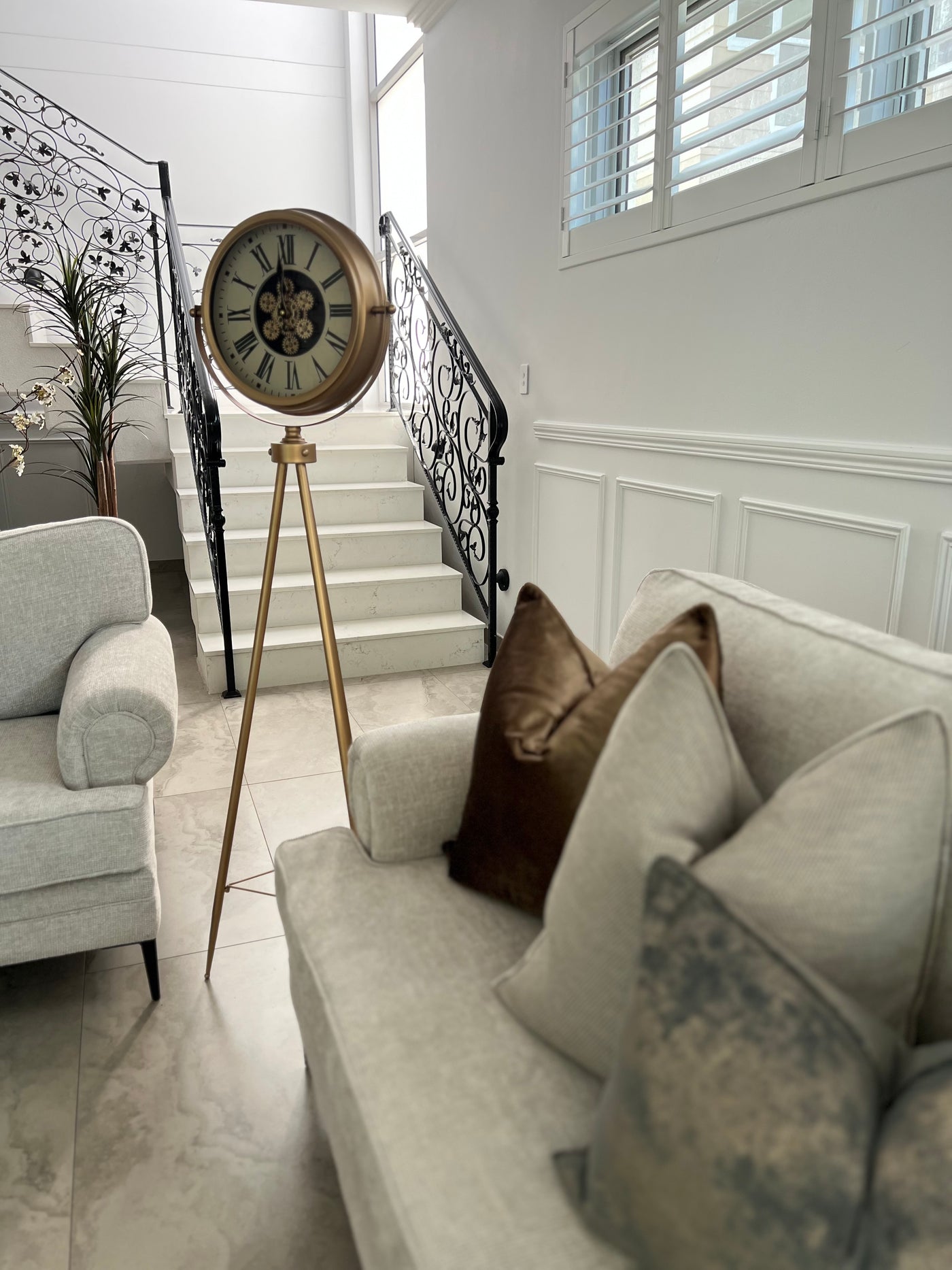 Gold tripod floor gear clock - Luscious Homewares