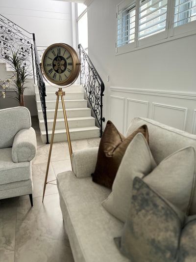 Gold tripod floor gear clock - Luscious Homewares