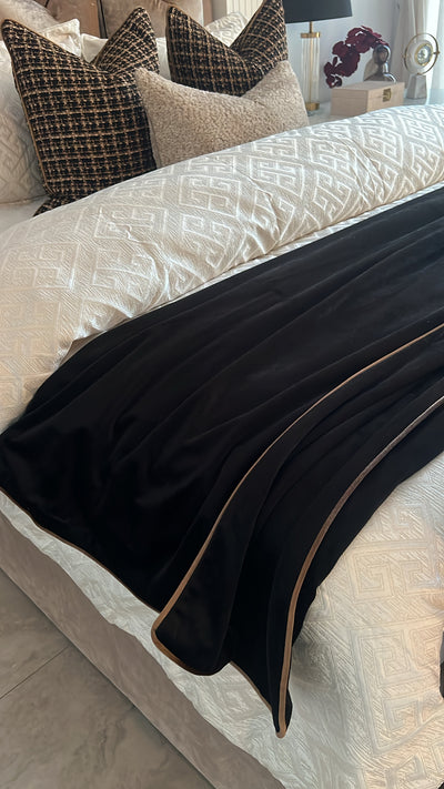 Luxe black velvet throw bronze piping 140x220cm - Luscious Homewares