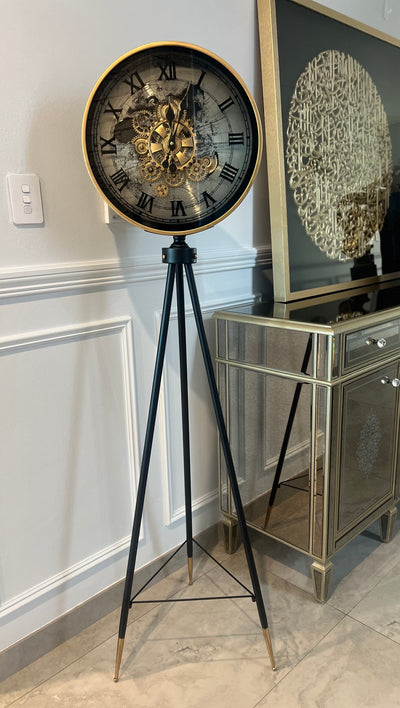 Black and gold tripod floor gear clock - Luscious Homewares
