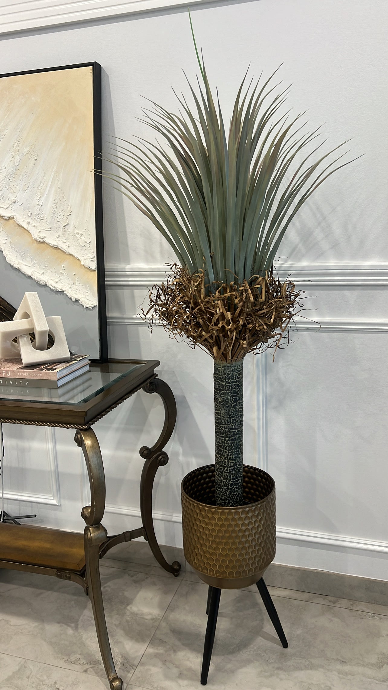 Small Dragon palm Artificial plant / gold metal pot - Luscious Homewares