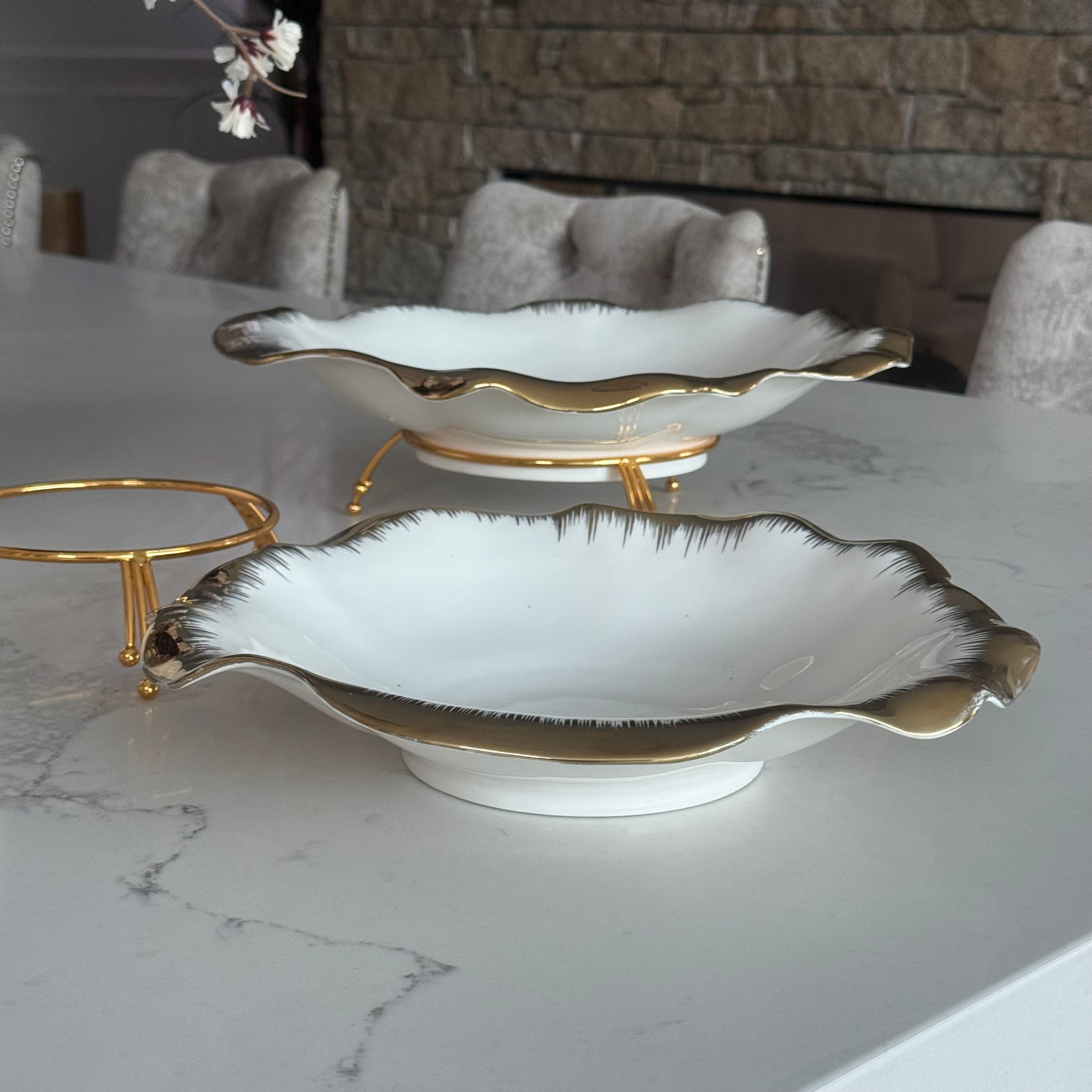 Leanna white and gold round serving bowl platter with stand - Luscious Homewares