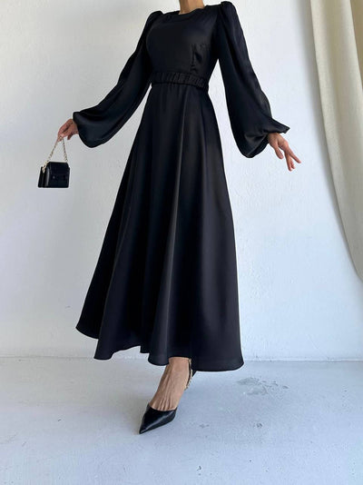 Luna Ballon satin Dress - black - Luscious Homewares